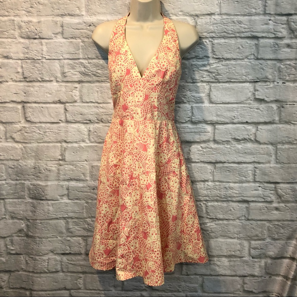 RockSteady Women’s Size Small Pink/Cream Skull Print Retro Halter Dress